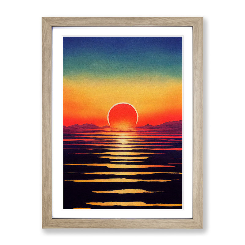 Serene Ocean Sunset - Single Picture Frame Print, 34cm H x 25cm W x 2cm D, Oak
