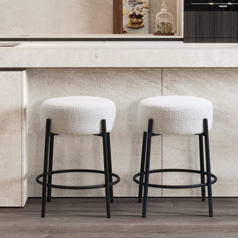 Modern Bar Stools Set of 2 with Round Soft Padded Boucle Backless Seat and Metal Base,, Black