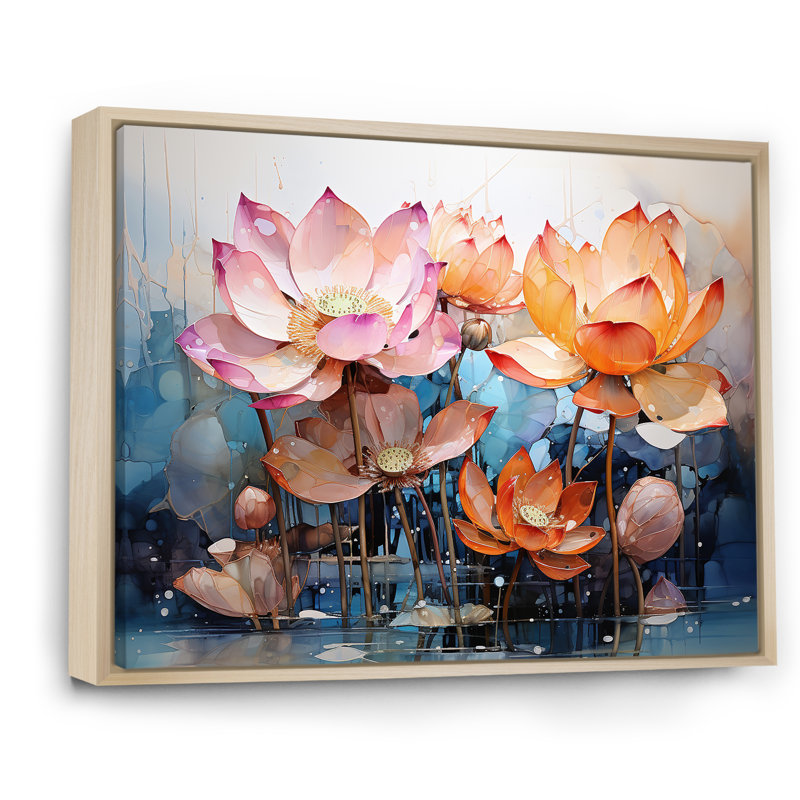 Fleurs de lotus fauves - reproduction sur toile, Cadre naturel flottant, H 24 po x l 32 po