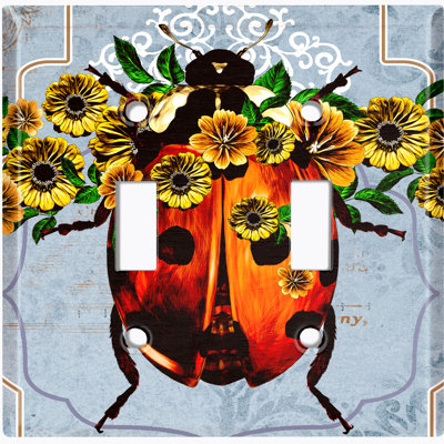 Metal Light Switch Plate Outlet Cover (Blue Ladybug Sunflowers Gold Frame    - Single Toggle)