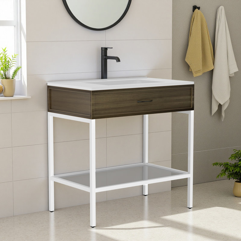 Freestanding Bathroom Vanity With Integrated Engineered Stone Marble Top – Stylish Single Sink Design With Modern Elegance And Functional Storage