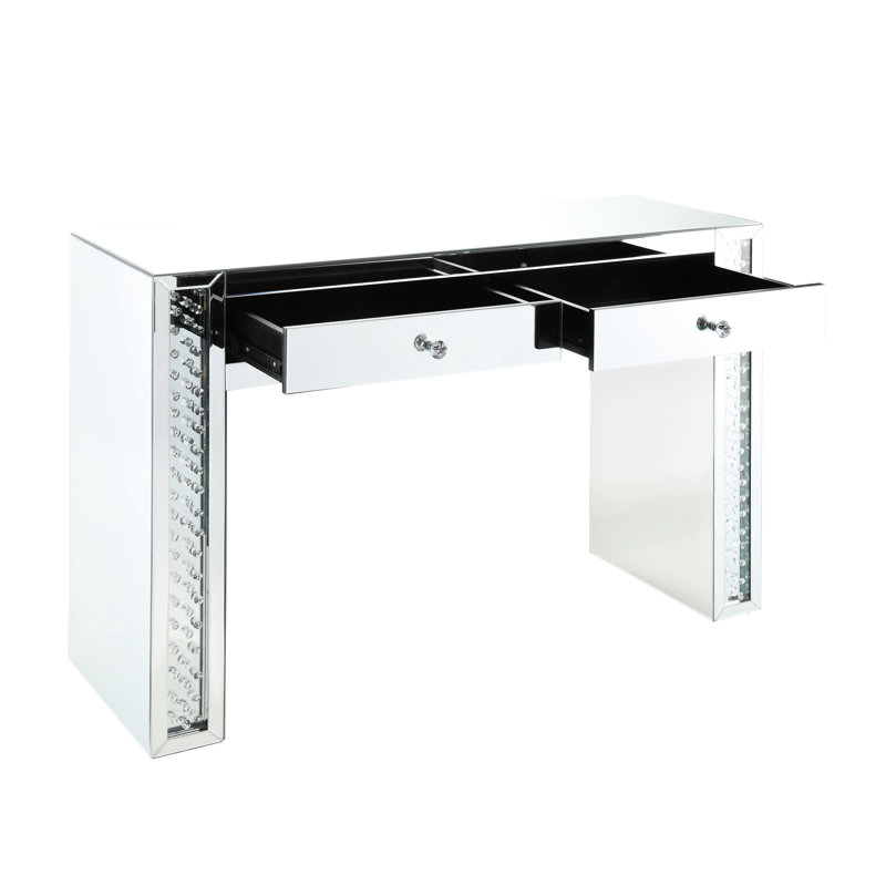 Coiffeuse avec miroir, tabouret, piètement traîneau, verre transparent, incrustations de faux cristal, tiroirs argentés, plateau et piètement avec 2 tiroirs de 4 mm, construction robuste, longueur 119 cm (47 po).