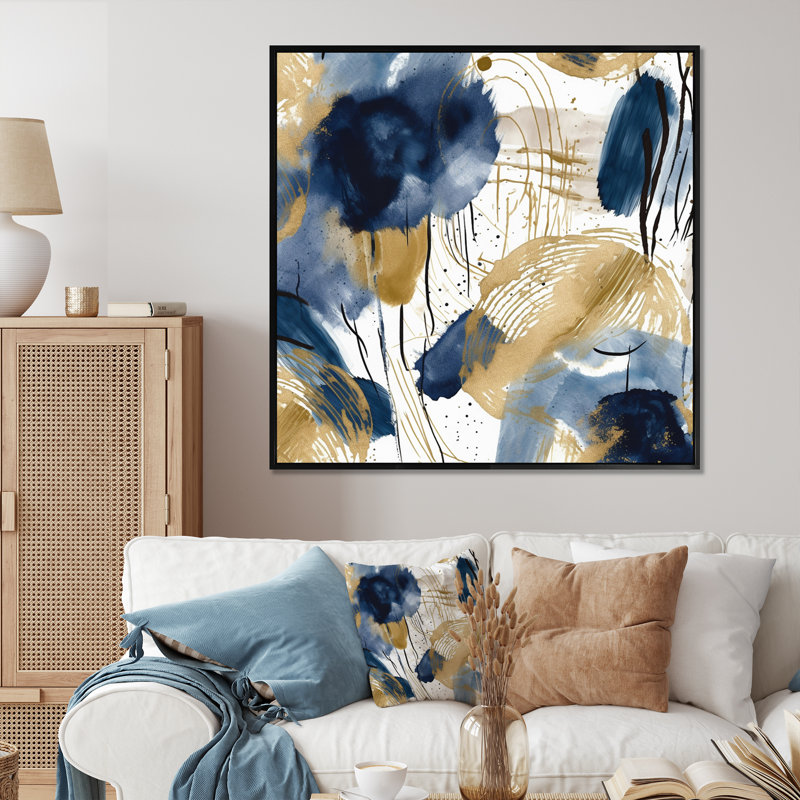 " Abstract Pattern With Blue And Golden Textures III ", Black Floater Framed, 36" H x 36" W x 1.5" D