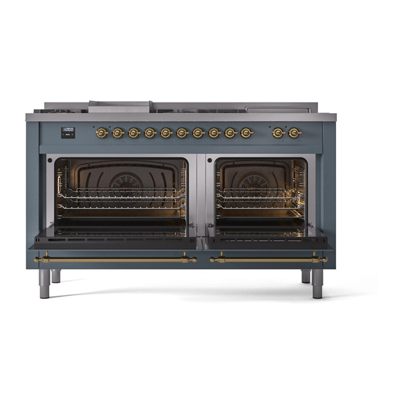 ILVE Nostalgie II Noblesse 60 in Dual Fuel Range 7 Burner, Griddle, Frenchtop, Blue Gray/Brass, Liquid Propane