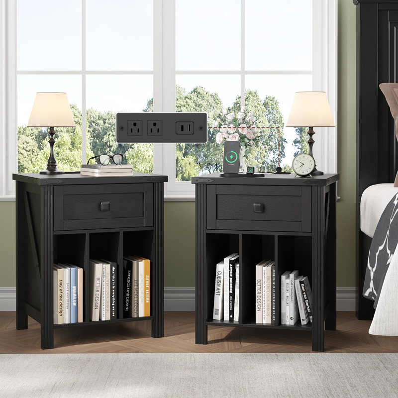 Night Stand Set 2 With Charging Station, Black, Set of 2