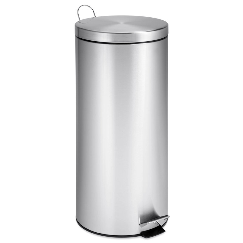 Silver Stainless Steel Round Pedal Trash Can with Liner, 7.9 Gallon