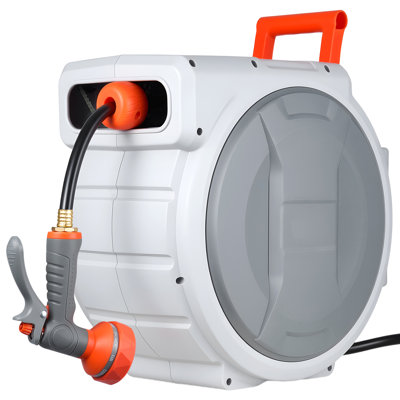 Retractable Garden Hose Reel, 1/2 in, Wall Mounted Hose Reel with 9-Function Sprayer Nozzle and 180° Swivel Bracket, Any Length Lock, Automatic Slow Rewind System, for Garden Watering
