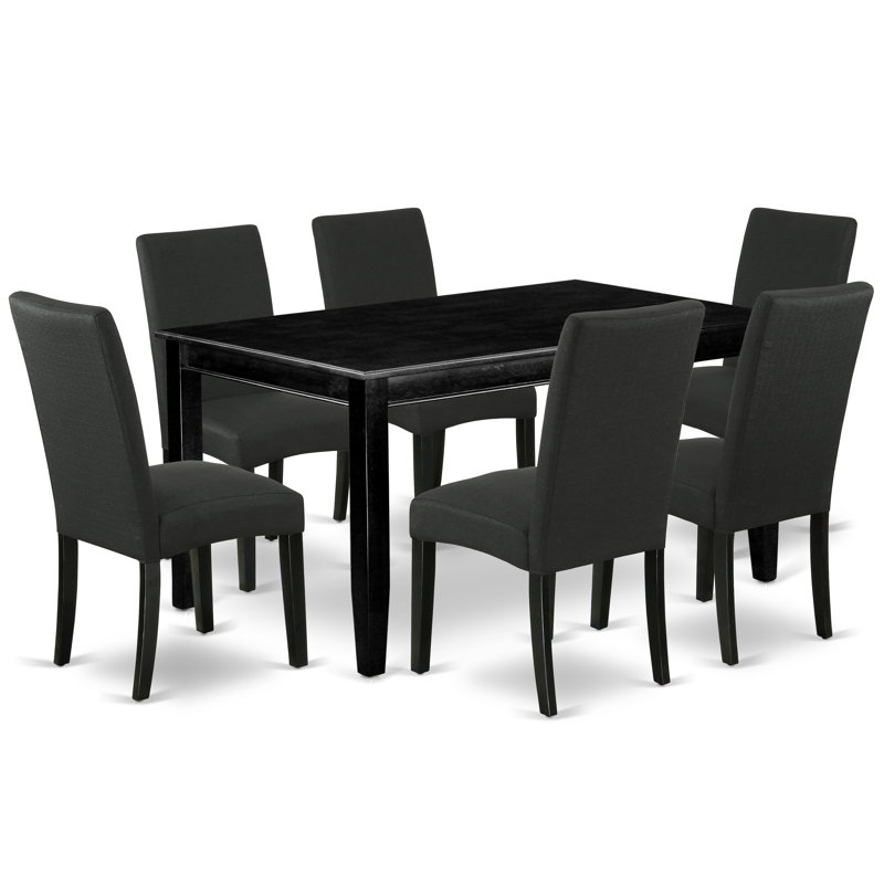 7 Piece Modern Dining Table Set Consist of a Rectangle Wooden Table and 6 Black Color Linen Fabric Upholstered Chairs, Black