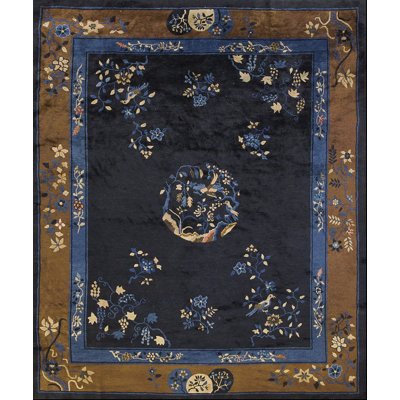 Soft Wool Pile Antique Blue Field Brown Border Chinese Peking Rug