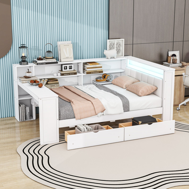 Lit de jour avec DEL, tablettes de rangement, tiroirs, bureau et station de charge, Complet/Double, Blanc