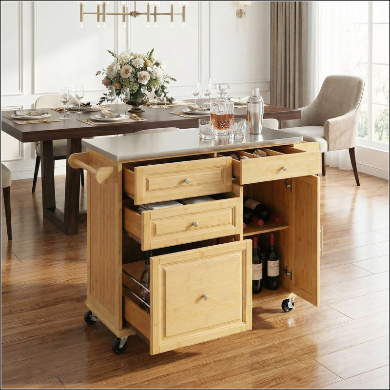 Îlot de cuisine intérieur en bambou avec plateau en acier inoxydable, chariot mobile avec tiroirs, armoire et porte-serviettes pour le bar et la salle à manger