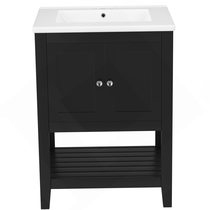 Modern Sleek Bathroom Vanity Elegant Ceramic Sink with Solid Wood Frame Open Style Shelf & Door Shelf Design, Black, Silver