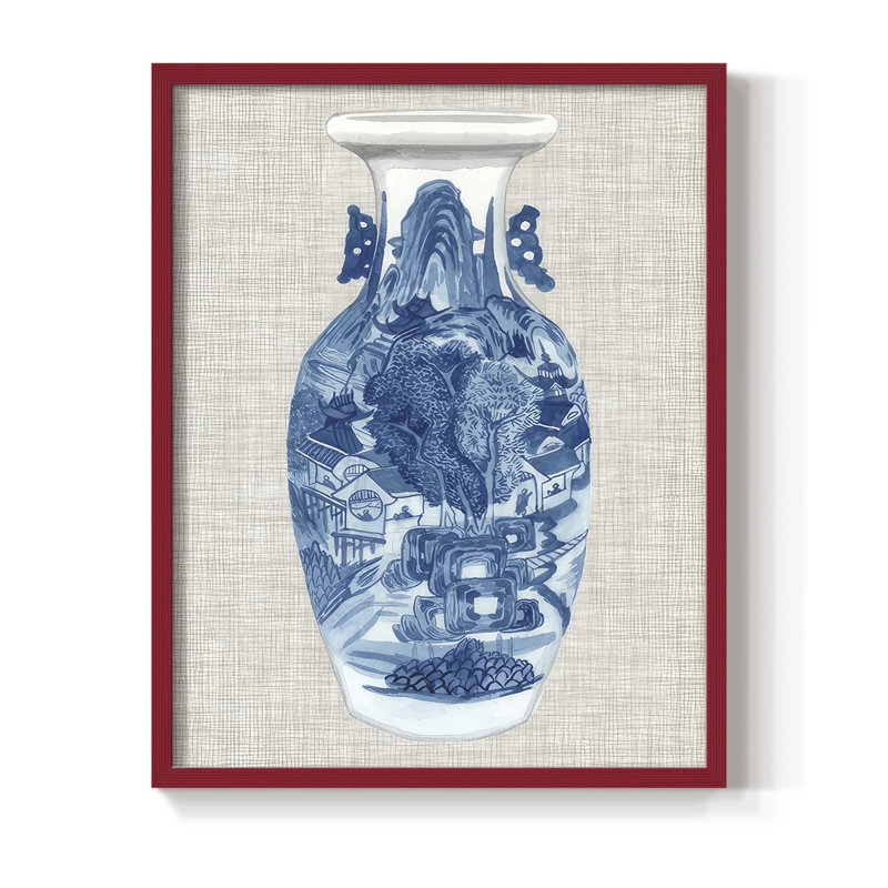 «Ming Vase on Linen I», reproduction encadrée - bois massif, H 21 po x l 17 po, Rouge