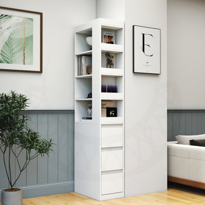 Modern 70.87 Inch Tall Display Storage Poirier with 4-Tier Shelf, 3 Side Drawers & 4 Small Display Shelves for Home Office and Living Room