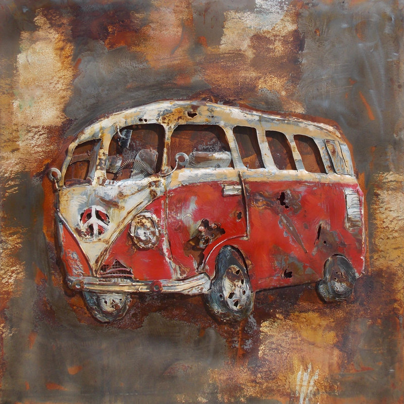 Red Hippie Surfer Van Peace Sign 3D Wall Art Metal Cutout Painting Decor