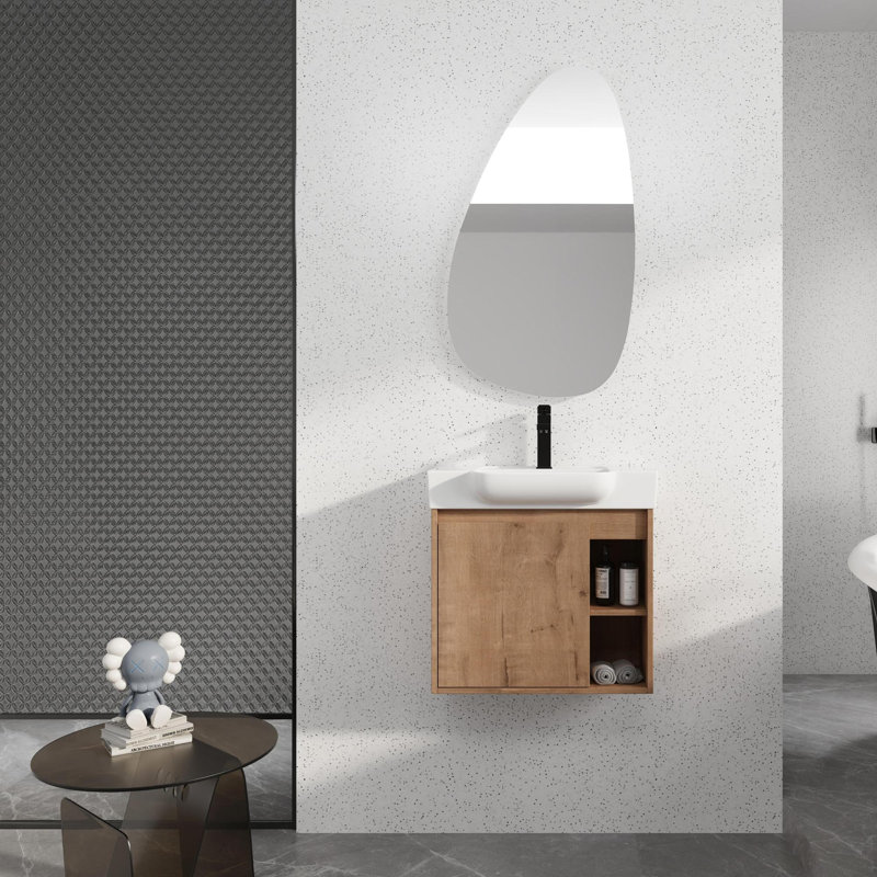Meuble-lavabo mural multifonctionnel avec porte à fermeture en douceur et tablettes ouvertes, Imitation chêne, 24
