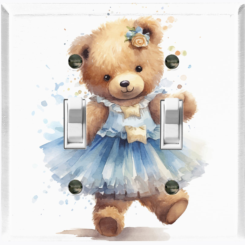 Plaque murale standard à 2 interrupteurs à bascule avec ours en peluche et robe bleue