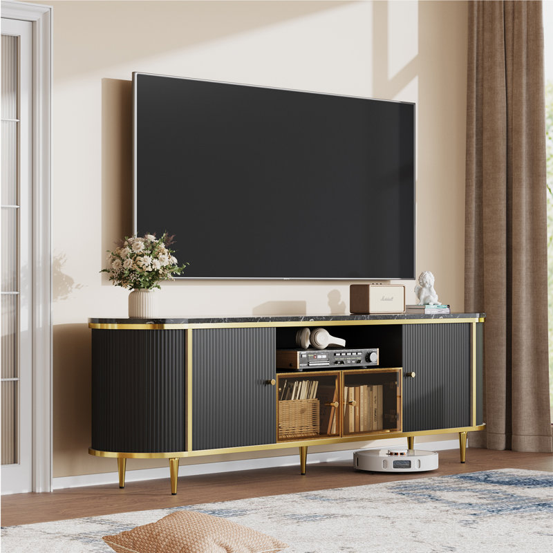 Luxury 70" Fluted Tv Stand, Modern Entertainment Center For Tvs Up To 80”, Tv Console With Faux Marble Tabletop, Curved Profile Design, Media Console For Living Room