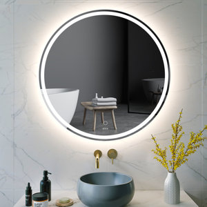 KWW Large Modern Round Illuminated Dimmable LED Anti Fog Makeup Bathroom Vanity Mirror