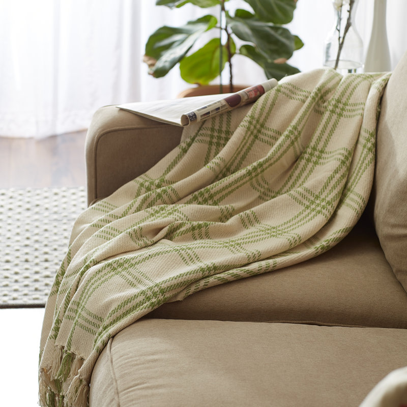 Antique Green Woven Cotton 50x60" Fringe Throw Blanket