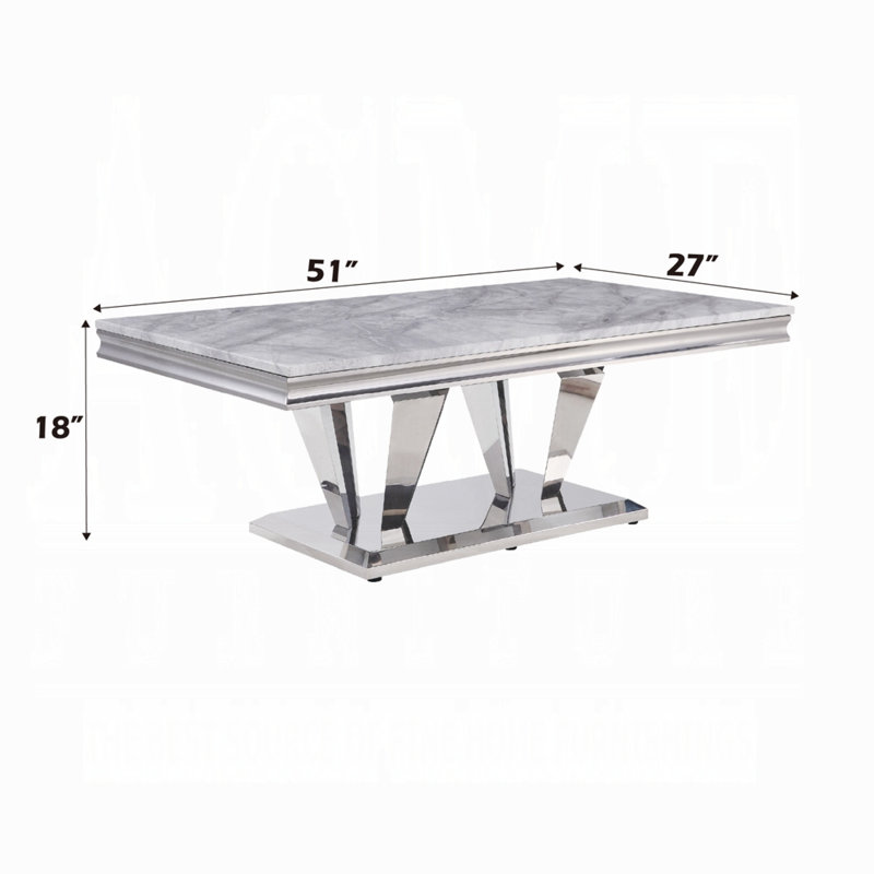 Elegant 54'' Light Grey Marble & Mirrored Silver Coffee Table