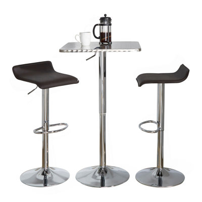 Ensemble de bar carré réglable carré en métal chromé argenté avec PVC brun et repose-pieds ovale - 3 pièces