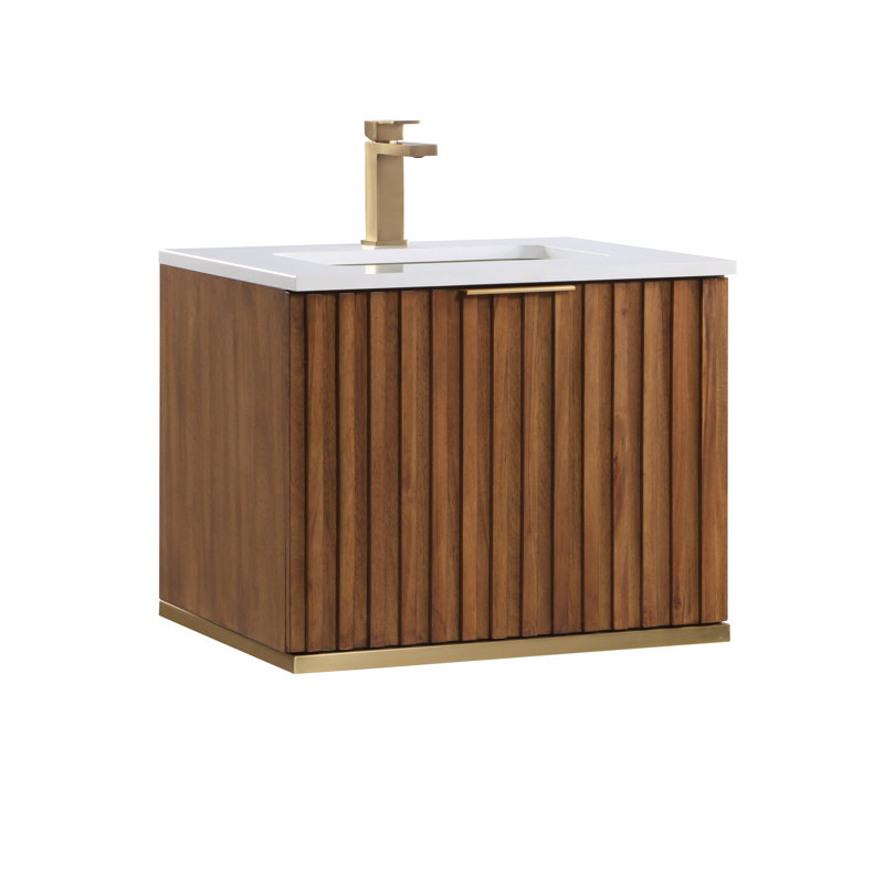 Terra 24'' Single Bathroom Vanity with Top, Satin Brass, Calacatta Quartz/Widespread Faucet Mount