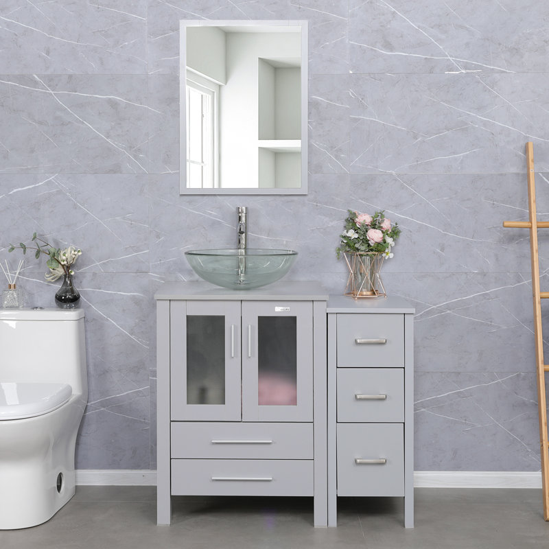  36" Single Bathroom Vanity Set with Glass Sink, Water Saving Faucet, Pop up Drain, Gray, Gray