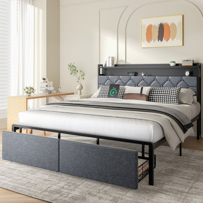 Jeshaiah Upholstered Platform Bed with Two Drawers and Power Strip
