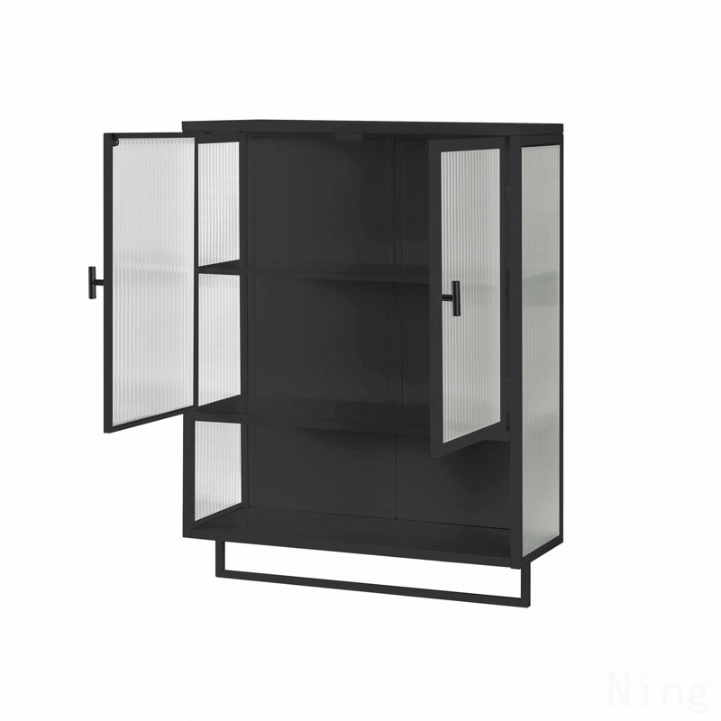62" Glass Door Wall Cabinet - 23" Design, Two-Door, Two-Tier Enclosed Storage, Open Shelf, Towel Rack