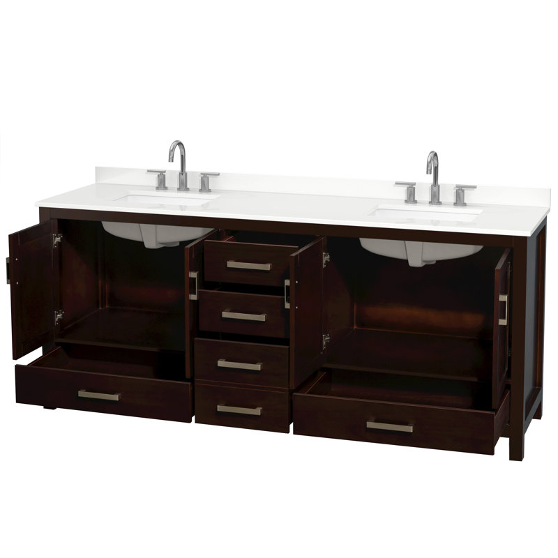 Meuble-lavabo double autoportant 80 po avec plateau en quartz Sheffield, Brun, Quartz blanc