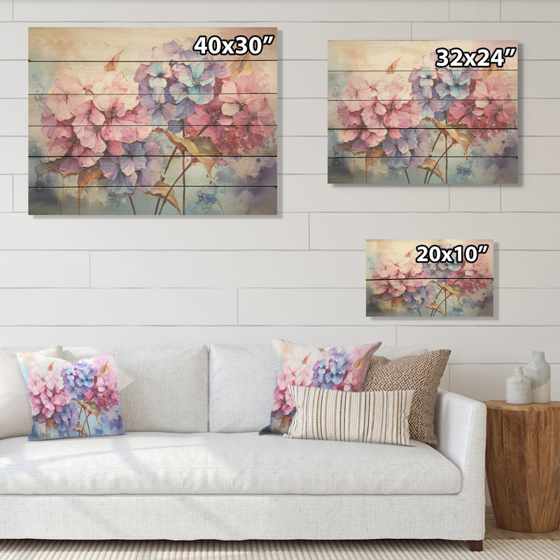 Rose et mauve, Hortensia, collage moderne - fleurs, art mural sur bois de pin naturel, H 30 po x l 40 po