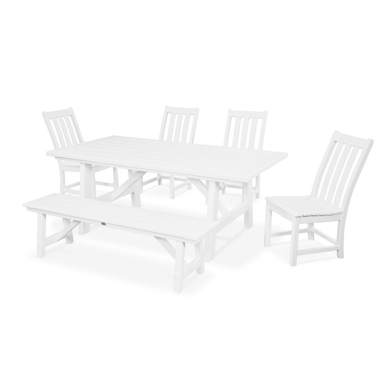 Vineyard 6-Piece Rustic Farmhouse Side Chair Dining Set with Bench in, White