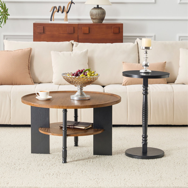 Ensemble de 2 tables basses et tables d'appoint rondes, formation de vide en PVC, table basse de 31,5 po avec rangement et table d'appoint de 15 po, ensemble simple, idéal pour le salon et la chambre à coucher.