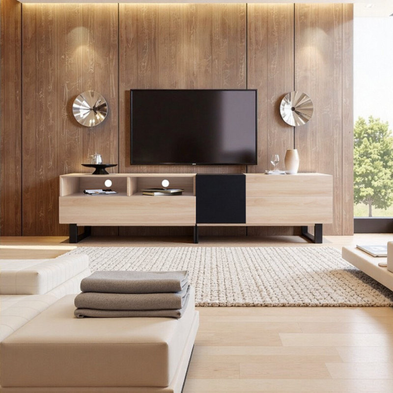 Meuble télé 70,9 po avec portes rabattables pour téléviseurs de 80 po, Bois naturel