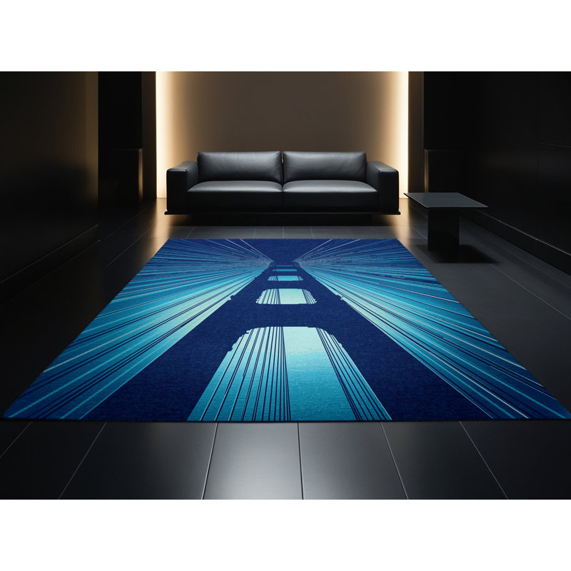 Machine Washable Pandelica Golden Gate Bridge Modern & Contemporary Geometric Rug in Blue – Navy Binding, 2x5