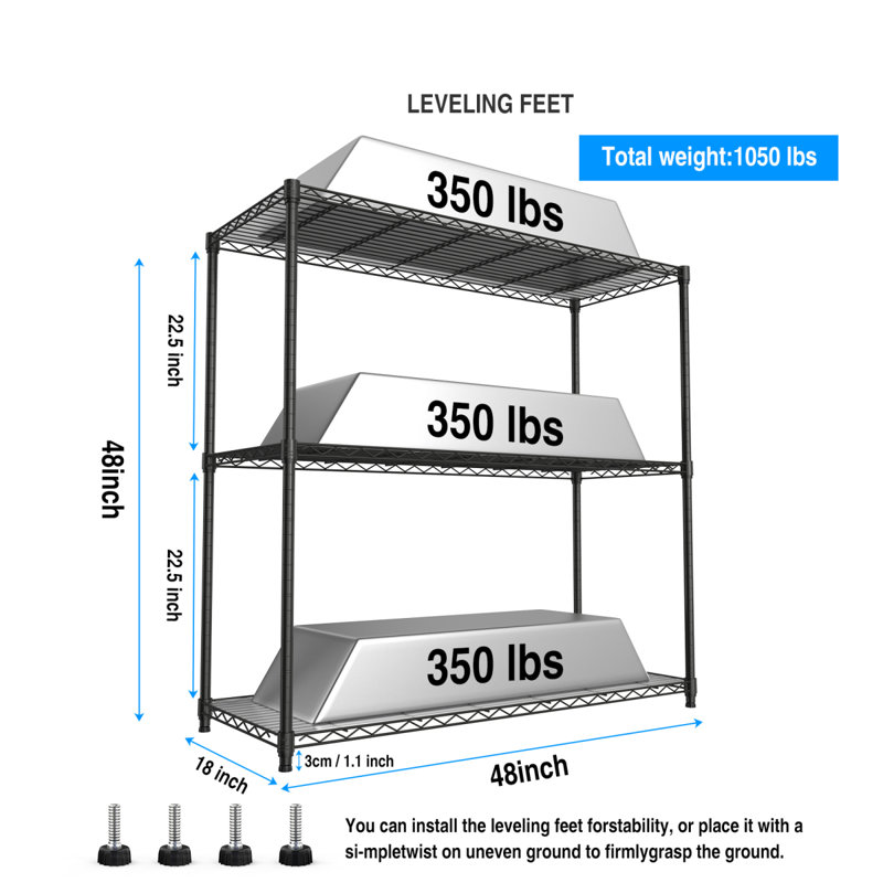 Étagère grillagée à 3 niveaux, 1050 LBS NSF à hauteur réglable, tablettes de rangement en métal pour garage, tablettes métalliques robustes