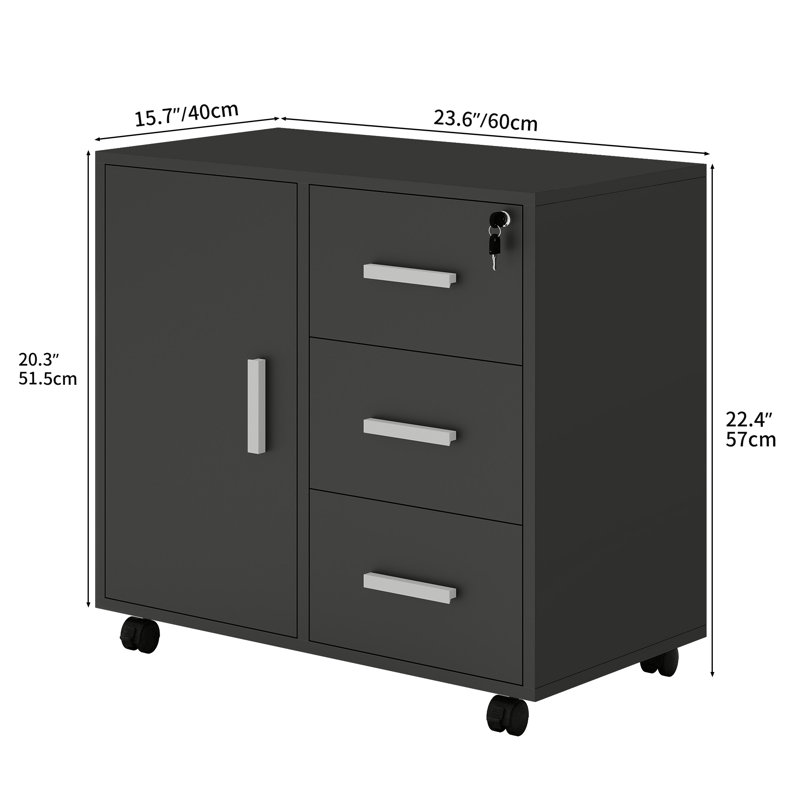60cm Wide 3 -Drawer Mobile File Cabinet, Black