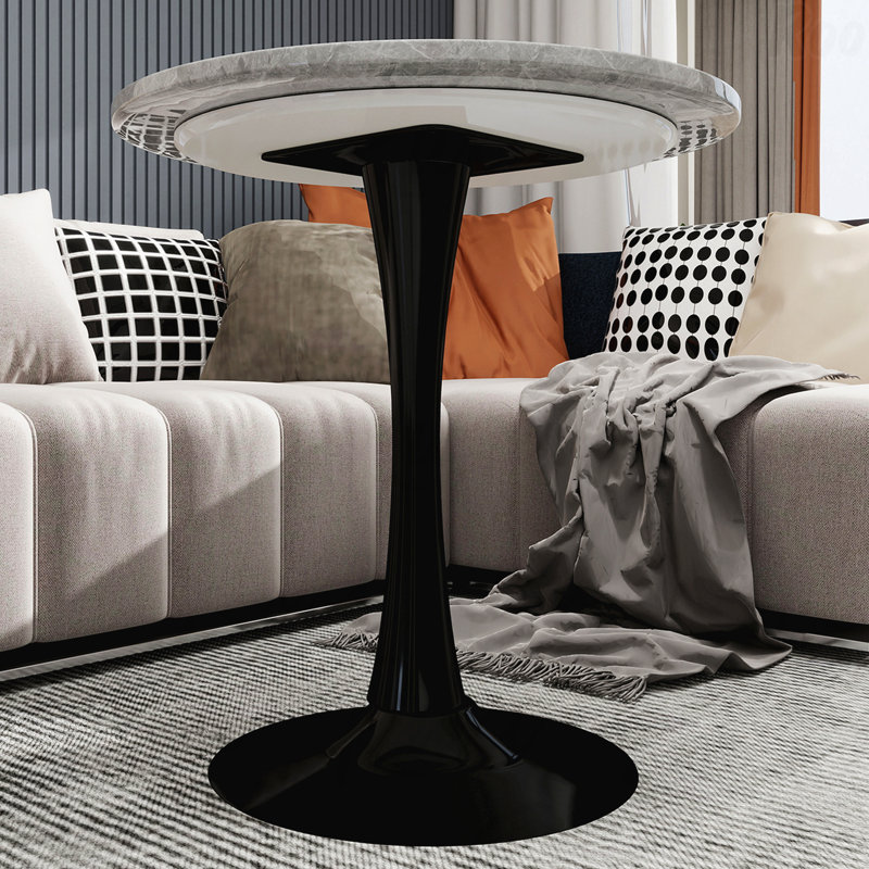 Table de salle à manger ronde 27,6 pouces Mid-Century moderne 2-4 personnes gris clair texturé dessus de marbre, Gris clair