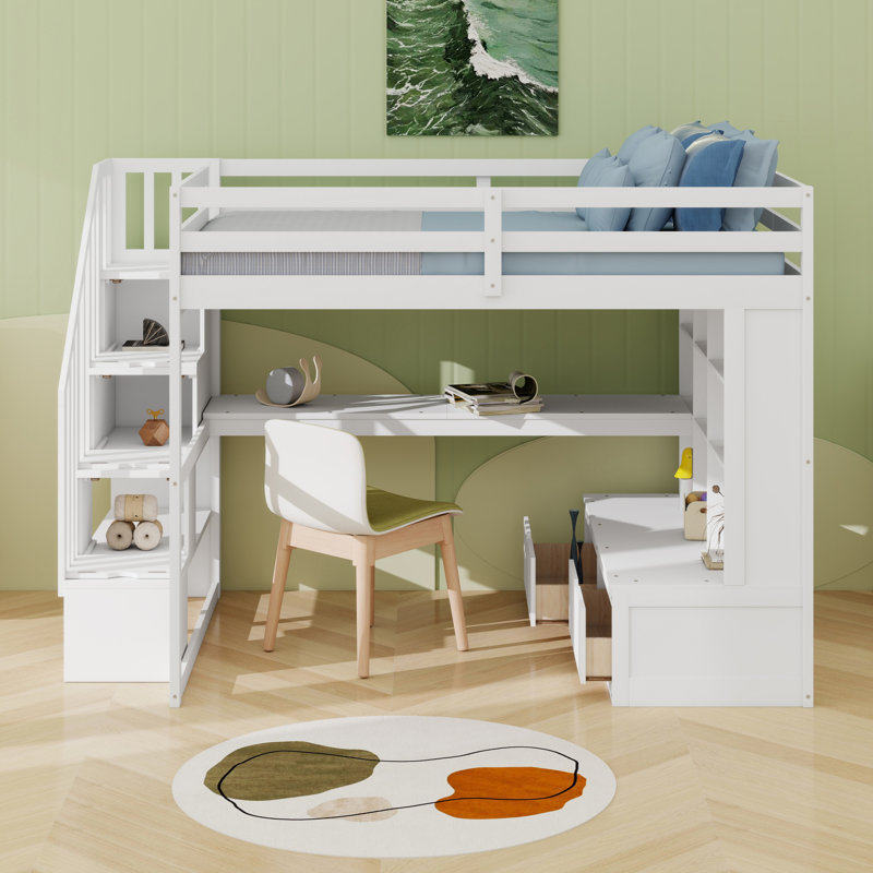 Lit mezzanine avec bureau et tablettes, deux tiroirs intégrés, escalier de rangement, blanc
