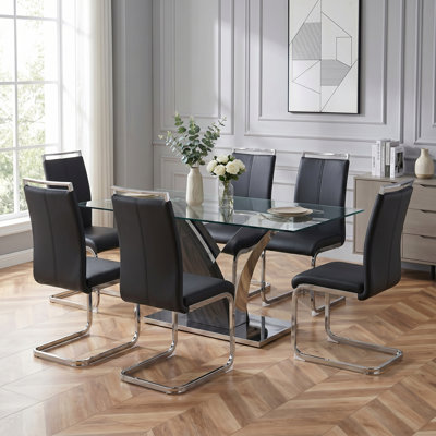 Ensemble de salle à manger moderne 7 pièces avec chaises en similicuir et table rectangulaire en verre trempé