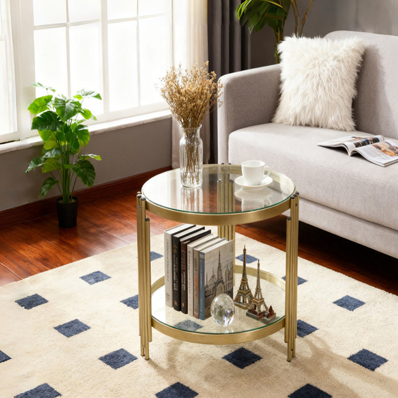 18.3"  round double-layer glass side table, with a golden industrial-style metal frame