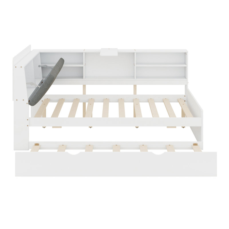 Lit plateforme avec lit gigogne, tablettes et tête de lit, Lit double, Blanc