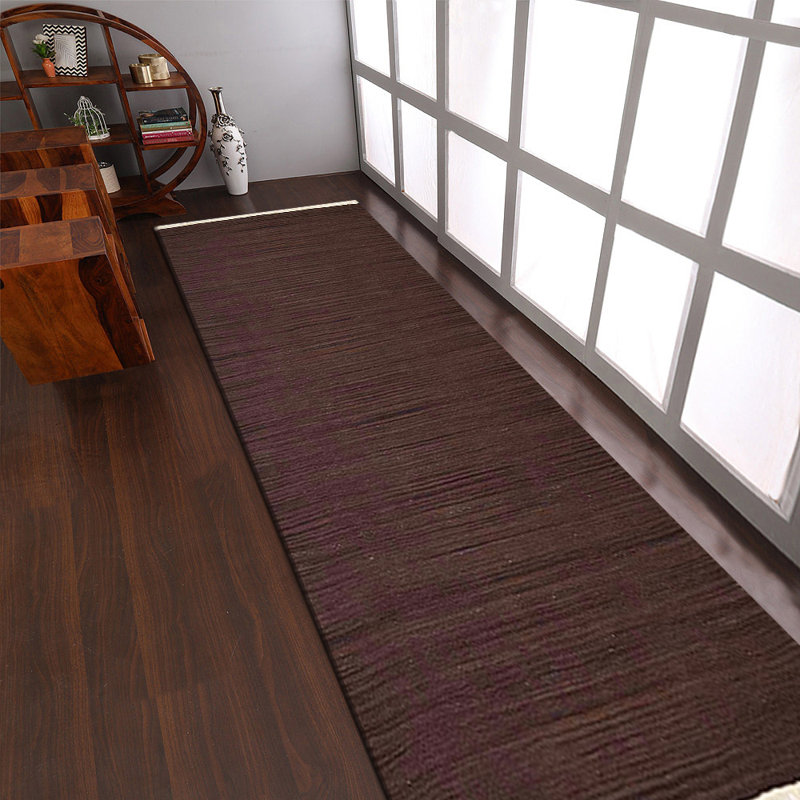 Alithea Hand Woven Flat Weave Kilim Wool Eco-Friendly Area Rugs - Runner, Dark Brown Color, Plai Solid Design, Low Pile Handmade Area Rugs for Living Room, Bed Room