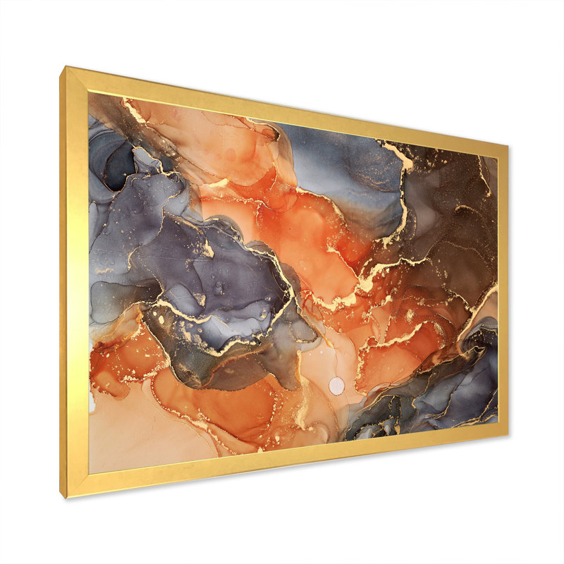 «Brown Luxury Abstract Fluid Art X», reproduction sur toile, H 16 po x l 32 po x P 1 po, Cadre photo doré