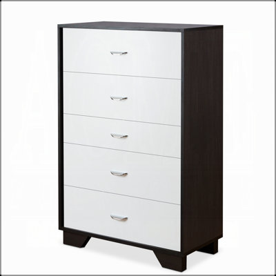 Commode blanche et espresso à 5 tiroirs avec rangement spacieux, fabrication durable et design élégant pour les chambres modernes.