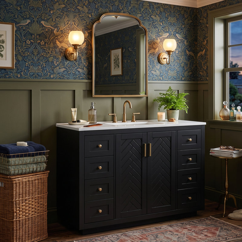 Meuble-lavabo de salle de bain 48 avec lavabo intégré en SMC et 6 tiroirs, armoire de rangement autoportante en MDF peint (noir/blanc)