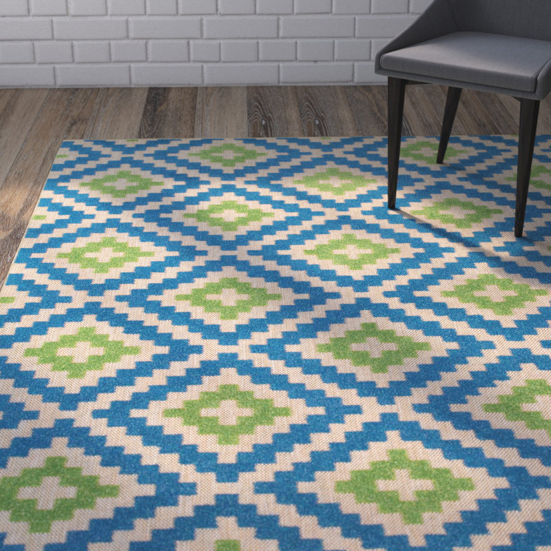 Tapis intérieur / extérieur bleu / vert Evyanna, Rectangle 9 pi 10 po x 12 pi 10 po