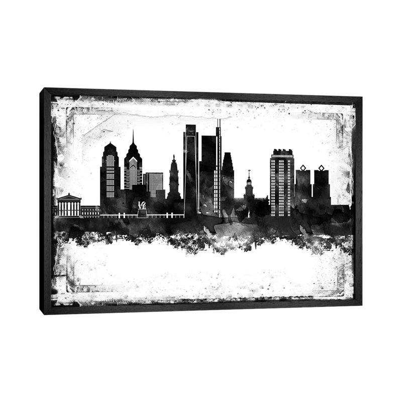Philadelphia Black And White Framed Skylines - Print on Canvas, 101.6cm H x 152.4cm W x 3.81cm D, Black Framed