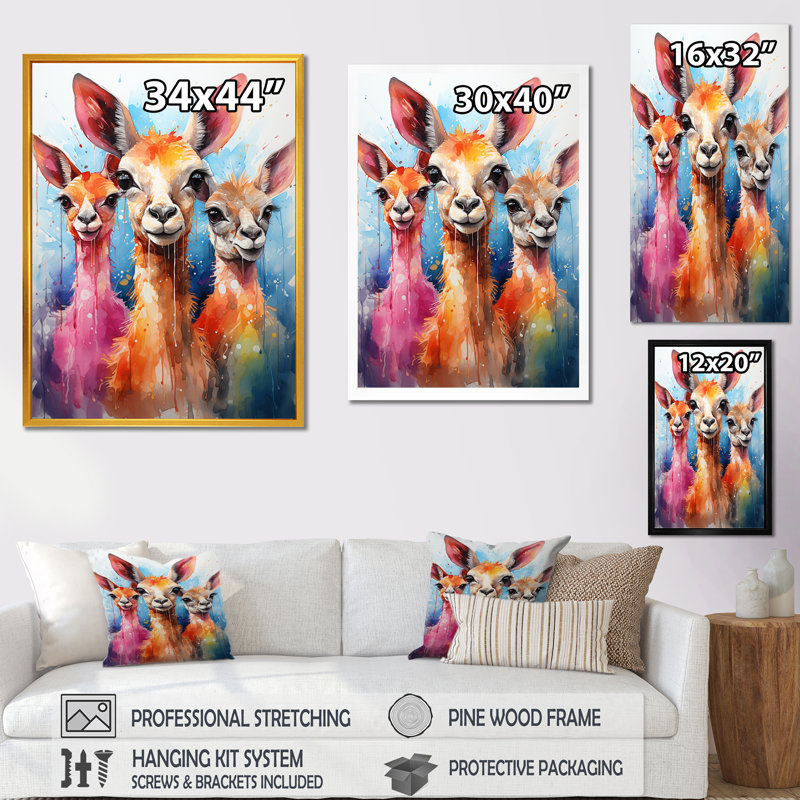 Portrait curieux d'amis lama - Art animalier lama, H 32 po x l 16 po x P 1 po, Cadre flottant doré